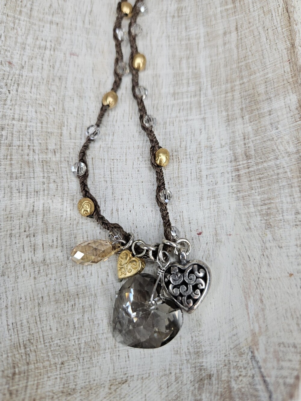 Brighton Karma Crystal Heart Charm Necklace Brown Braided Cord Silver Gold EUC - Picture 5 of 9